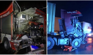 A1: Tir wjechał w wóz OSP. Druhowie wracali z akcji, sami zostali poszkodowani [Foto]